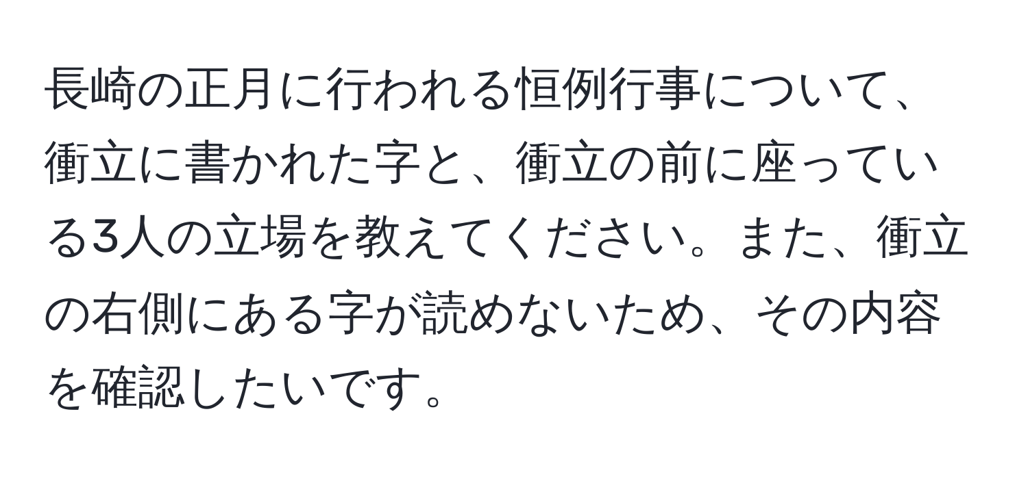 長崎の正月に行われる恒例行事について、衝立に書かれた字と、衝立の前に座っている3人の立場を教えてください。また、衝立の右側にある字が読めないため、その内容を確認したいです。