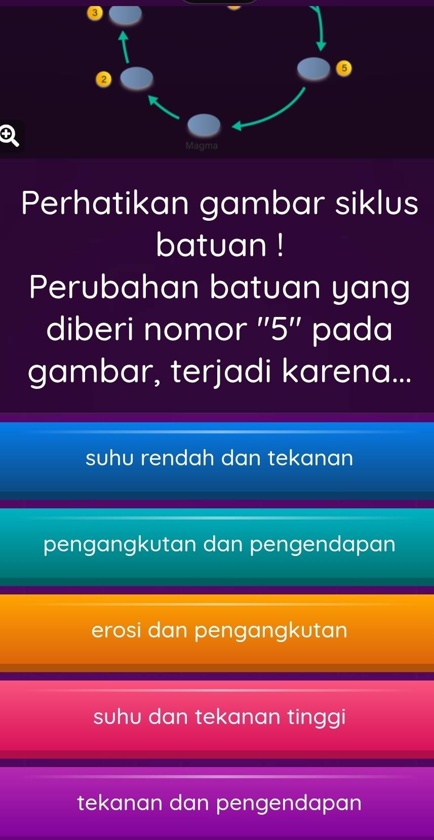 Magma
Perhatikan gambar siklus
batuan !
Perubahan batuan yang
diberi nomor '' 5 '' pada
gambar, terjadi karena...
suhu rendah dan tekanan
pengangkutan dan pengendapan
erosi dan pengangkutan
suhu dan tekanan tinggi
tekanan dan pengendapan