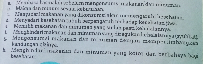 Membaca basmalah sebelum mengonsumsi makanan dan minuman. 
b. Makan dan minum sesuai kebutuhan. 
c. Menyadari makanan yang dikonsumsi akan memengaruhi kesehatan. 
d. Menyadari kesehatan tubuh berpengaruh terhadap kesehatan jiwa. 
e. Memilih makanan dan minuman yang sudah pasti kehalalannya. 
f. Menghindari makanan dan minuman yang diragukan kehalalannya (syuhbat). 
g. Mengonsumsi makanan dan minuman dengan mempertimbangkan 
kandungan gizinya. 
h. Menghindari makanan dan minuman yang kotor dan berbahaya bagi 
kesehatan.