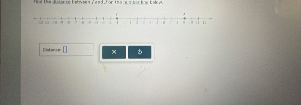 Find the distance between / and / on the number line below. 
Distance: 
×