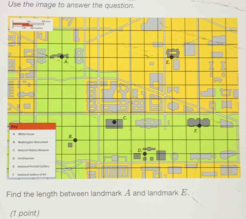 Use the image to answer the question. 
Find the length between landmark A and landmark E. 
(1 point)