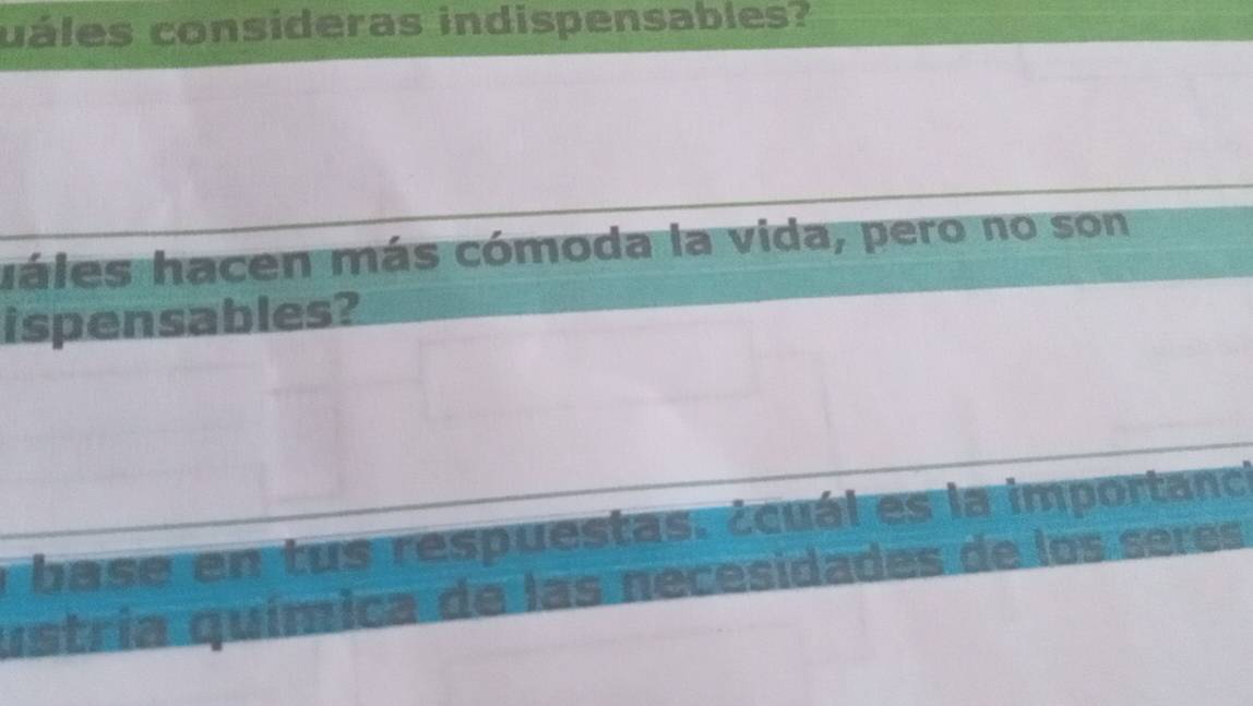 uáles consideras indispensables? 
háles hacen más cómoda la vida, pero no son 
ispensables? 
y base en tus respuestas. ¿cuál es la importanc 
stría química de las necesidades de los seres 
a