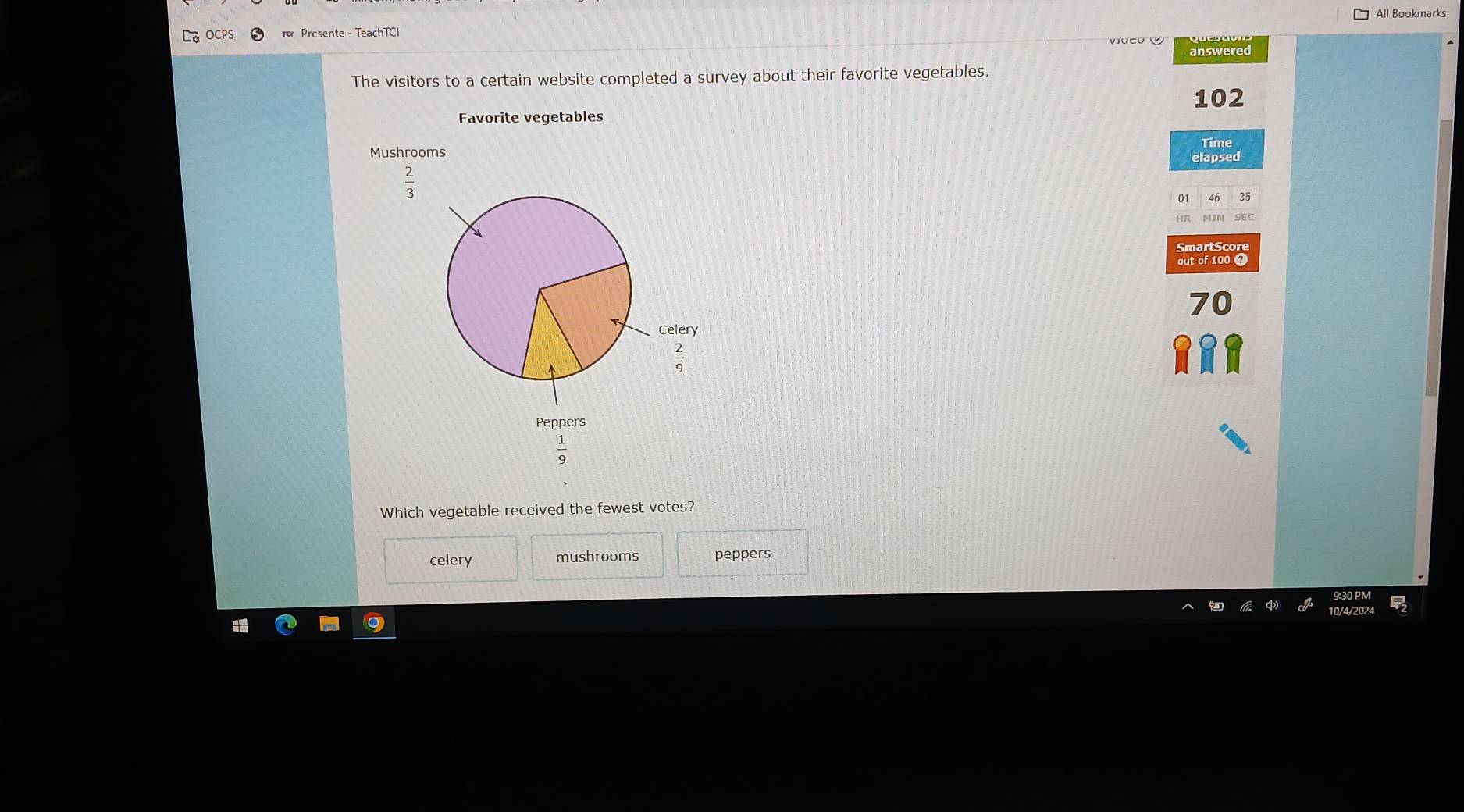 All Bookmarks
OCP  Presente - TeachTCI
answered
The visitors to a certain website completed a survey about their favorite vegetables.
102
Favorite vegetables
Mushrooms Time
elapsed
 2/3 
01 46 35
SmartScore
out of 100 ?
Peppers
 1/9 
Which vegetable received the fewest votes?
celery mushrooms peppers