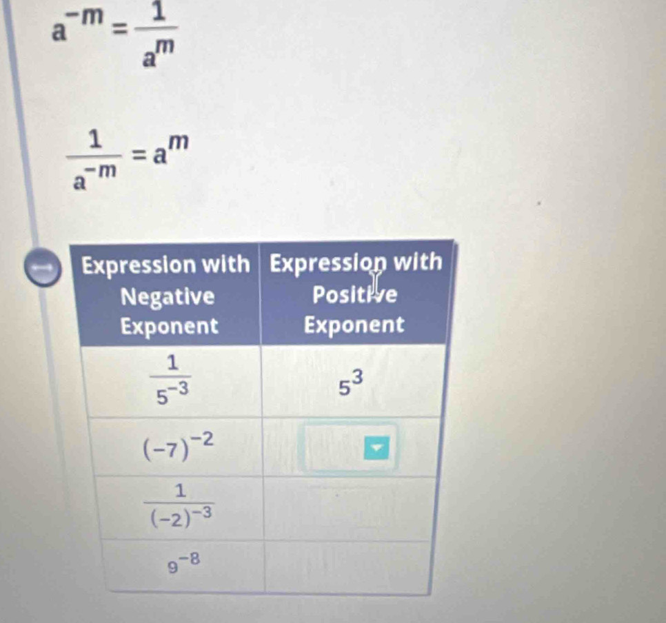 a^(-m)= 1/a^m 
 1/a^(-m) =a^m