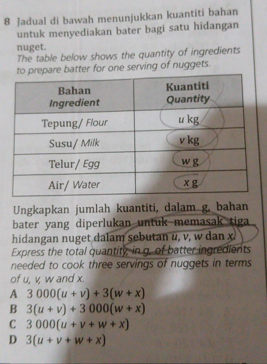 Jadual di bawah menunjukkan kuantiti bahan
untuk menyediakan bater bagi satu hidangan
nuget.
The table below shows the quantity of ingredients
re batter for one serving of nuggets.
Ungkapkan jumlah kuantiti, dalam g, bahan
bater yang diperlukan untuk memasak tiga 
hidangan nuget dalam sebutan u, v, w dan x.
Express the total quantity, in g, of batter ingredients
needed to cook three servings of nuggets in terms
of u, v, w and x.
A 3000(u+v)+3(w+x)
B 3(u+v)+3000(w+x)
C 3000(u+v+w+x)
D 3(u+v+w+x)