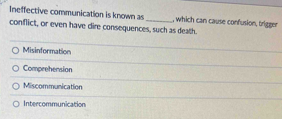 Solved: Ineffective communication is known as , which can cause ...