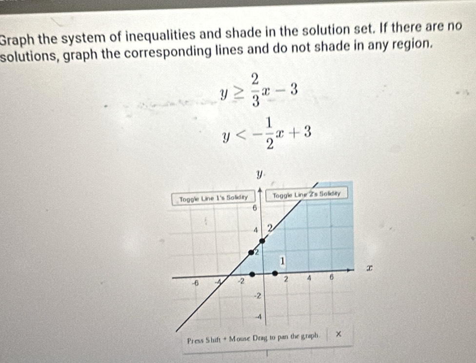 Graph the system of inequalities and shade in the solution set. If there are no
solutions, graph the corresponding lines and do not shade in any region.
y≥  2/3 x-3
y<- 1/2 x+3
Press