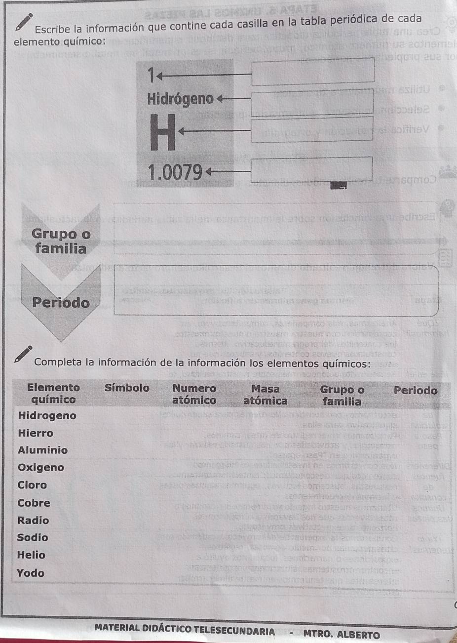 Escribe la información que contine cada casilla en la tabla periódica de cada 
elemento químico: 
1 
Hidrógeno
1.0079
Grupo o 
familia 
Periodo 
Completa la información de la información los elementos químicos: 
MATERIAL DIDÁCTICO TELESECUNDARIA MTRO. ALBERTO