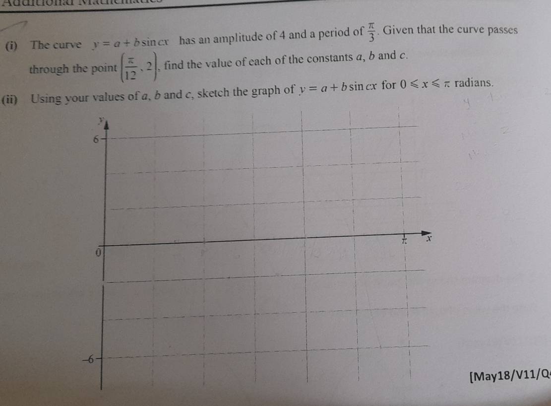 Addtion 
(i) The curve y=a+b : sin C T has an amplitude of 4 and a period of  π /3 . Given that the curve passes 
through the point ( π /12 ,2), find the value of each of the constants a, b and c. 
(ii) Using your values of a, b and c, sketch the graph of y=a+bsin cx for 0≤slant x≤slant π radians. 
[May18/V11/Q