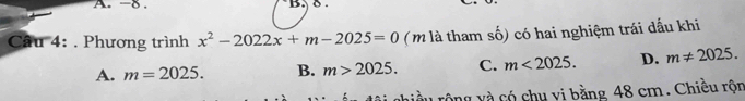 δ.
Câu 4: . Phương trình x^2-2022x+m-2025=0 ( m là tham số) có hai nghiệm trái dấu khi
A. m=2025. B. m>2025. C. m<2025</tex>. D. m!= 2025. 
rộng v à có chu vi bằng 48 cm. Chiều rộn