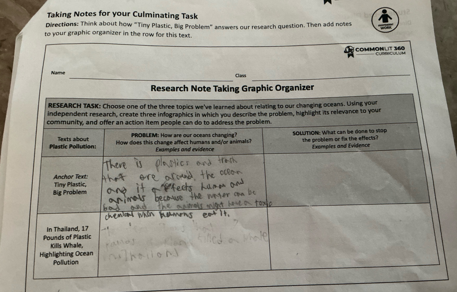 Taking Notes for your Culminating Task 
Directions: Think about how “Tiny Plastic, Big Problem” answers our research question. Then add notes