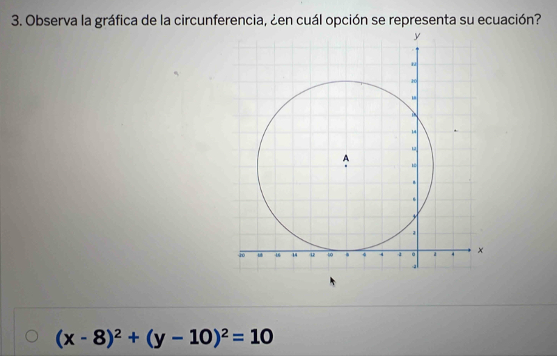 Observa la gráfica de la circunferencia, ¿en cuál opción se representa su ecuación?
(x-8)^2+(y-10)^2=10