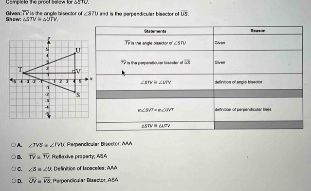 Complete the proof below for △ STL
Given: overline TV is the angle bisector of ∠ STU and is the perpendicular bisector of overline US.
Show: △ STV≌ △ UTV.
A. ∠ TVS≌ ∠ TVU; Perpendicular Bisector; AAA
B. overline TV≌ overline TV; Reflexive property; ASA
C. ∠ S≌ ∠ U; Definition of Isosceles; AAA
D. overline UV≌ overline VS; Perpendicular Bisector; ASA