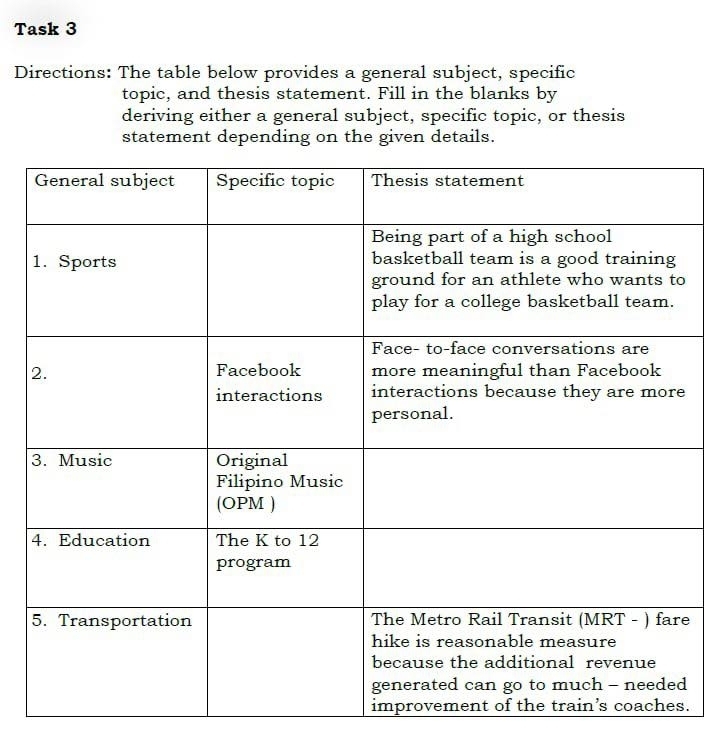 Task 3 
Directions: The table below provides a general subject, specific 
topic, and thesis statement. Fill in the blanks by 
deriving either a general subject, specific topic, or thesis 
statement depending on the given details. 
rovem