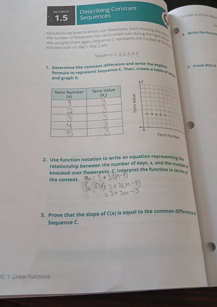 ACTIVITY Describing Constant
1.5 Sequences
Consider a similar sequ
.,
Kenyatta's cat loves to knock over flowerpots. Each morning, she s
the number of flowerpots her cat knocked over during the night telv 4. Write the funco
she uprights them again. Sequence C represents the number of flowy
knocked over on day 1, day, 2, etc.
Sequence C: ३, 3, 3, ३, 3
1. Determine the constant difference and write the explict 5. Prove D(x) is
formula to represent Sequence C. Then, create a table of v
and graph it.
y
:
Term Number
2. Use function notation to write an equation representing the
relationship between the number of days, x, and the number y
knocked over flowerpots, C. Interpret the function in terms o
the context.
3. Prove that the slope of C(x) is equal to the common difference 
Sequence C.
*IC 1: Linear Functions