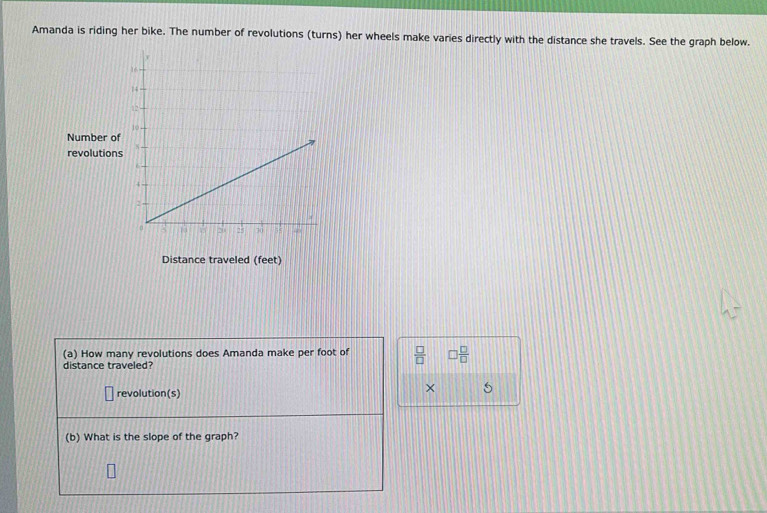 Amanda is riding her bike. The number of revolutions (turns) her wheels make varies directly with the distance she travels. See the graph below. 
Number of 
revolutions 
Distance traveled (feet) 
(a) How many revolutions does Amanda make per foot of  □ /□   □  □ /□  
distance traveled? 
revolution(s) 
× S 
(b) What is the slope of the graph?