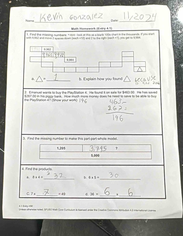 Solved: Name _Date:_ Math Homework (Entry 4.1) 1. Find the missing ...