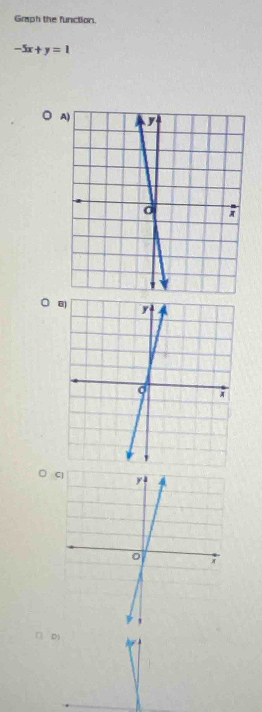 Graph the function.
-5x+y=1
A 
□