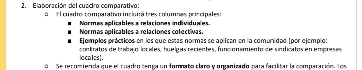 Elaboración del cuadro comparativo: 
o El cuadro comparativo incluirá tres columnas principales: 
Normas aplicables a relaciones individuales. 
Normas aplicables a relaciones colectivas. 
Ejemplos prácticos en los que estas normas se aplican en la comunidad (por ejemplo: 
contratos de trabajo locales, huelgas recientes, funcionamiento de sindicatos en empresas 
locales). 
Se recomienda que el cuadro tenga un formato claro y organizado para facilitar la comparación. Los