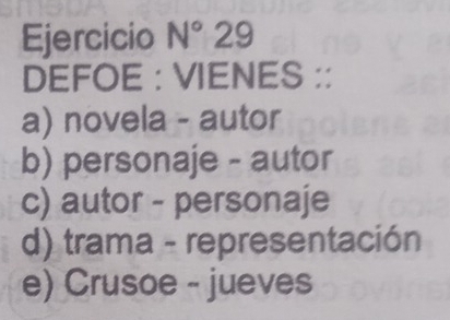 Ejercicio N° n( 
DEFOE : VIENES ::
a) novela - autor
b) personaje - autor
c) autor - personaje
d) trama - representación
e) Crusoe - jueves