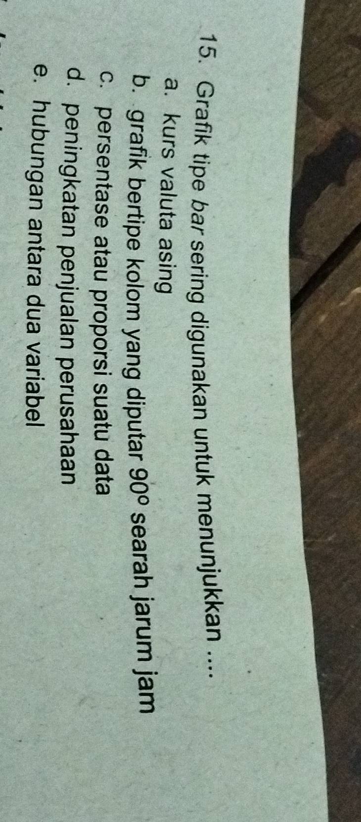 Grafik tipe bar sering digunakan untuk menunjukkan ....
a. kurs valuta asing
b. grafik bertipe kolom yang diputar 90° searah jarum jam
c. persentase atau proporsi suatu data
d. peningkatan penjualan perusahaan
e. hubungan antara dua variabel