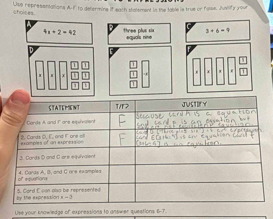 Use representations A-F to determine if each statement in the table is true or false. Justify your
choices.
a
B
4x+2=42 three plus six 3+6=9
equals nine 
D
E
a 1
× x 1 1 1 -x
1 1
1
Use your knowledge of expressions to answer questions 6-7.