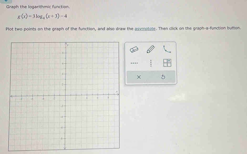 Graph the logarithmic function.
g(x)=3log _4(x+3)-4
Plot two points on the graph of the function, and also draw the asymptote. Then click on the graph-a-function button. 
× 5