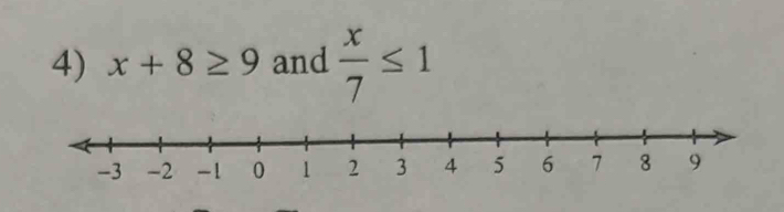 x+8≥ 9 and  x/7 ≤ 1