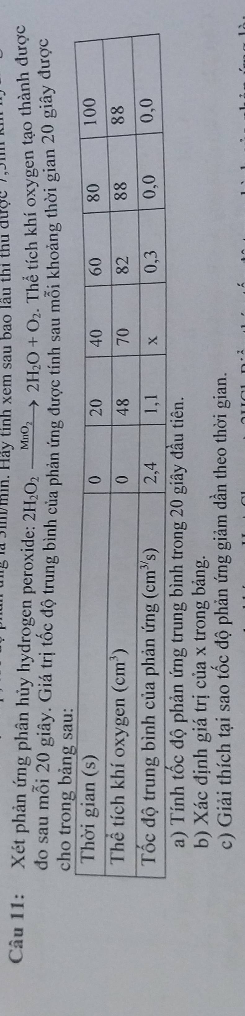 là 3ii/min. Hãy tính xem sau bao lầu thi thu được 7,5m
Câu 11: Xét phản ứng phân hủy hydrogen peroxide: 2H_2O_2xrightarrow MnO_22H_2O+O_2. Thể tích khí oxygen tạo thành được
do sau mỗi 20 giây. Giá trị tốc độ trung bình của phản ứng được tính sau mỗi khoảng thời gian 20 giây được
cho trong 
a) Tính tốc độ phản ứng trung bình trong 20 giây đầu tiên.
b) Xác định giá trị của x trong bảng.
c) Giải thích tại sao tốc độ phản ứng giảm dần theo thời gian.