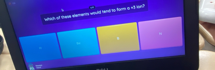 Which of these elements would tend to form a +3 ion?
N
B
Be
H
40°