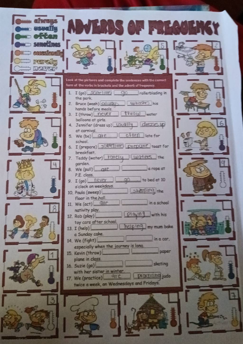 ADVERBS OF FREGOEHCY 
Look at the pictures and complete the sentences with the comect 
form of the verbs in brackets and the adverb of frequency. 
1. I (go) _SO me time) rollerblading in 
the park. 
2. Bruce (wash) a_UU whosnes his 
hands before meals. 
3. I (throw) never throw water 
balloons at girls. 
4. Jennifer (dress up) Usually dreses 
at carnival. 
5. We (be) __ are often liate far 
school. 
6. I (prepare) sometime Prepc toast for 
breakfast 
7. Teddy (water) rore waters the 
garden. 
8. We (pull) are a rope at 
P.E. class. 
9. I (go) __never an to bed at 10 
o'clock on weekdays. 
10. Paula (sweep) sluep ing the 
floor in the hall. 
11. We (act) __aIC in a school 
nativity play. 
12. Rob (play) pla with his 
toy cars after school. 
a 
13. I (help) my mum bake 
a Sunday cake. 
14. We (fight) 
in a car, 
especially when the journey is long. 
1 15. Kevin (throw) paper 
plane in class. 
16. Suzie (go) skating 
with her sister in winter. 
17. We (practice) are proctüno judo 
twice a week, on Wednesdays and Fridays.