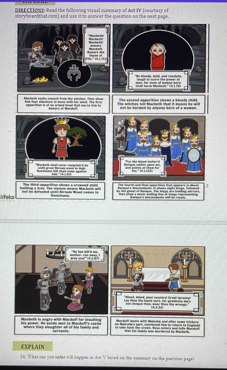 DIRECTIONS: Read the following visual summary of Act IV (courtesy of 
lifelor 
EXPLAIN 
24. What can you infer will happen in Act V based on the summary on the previous page?