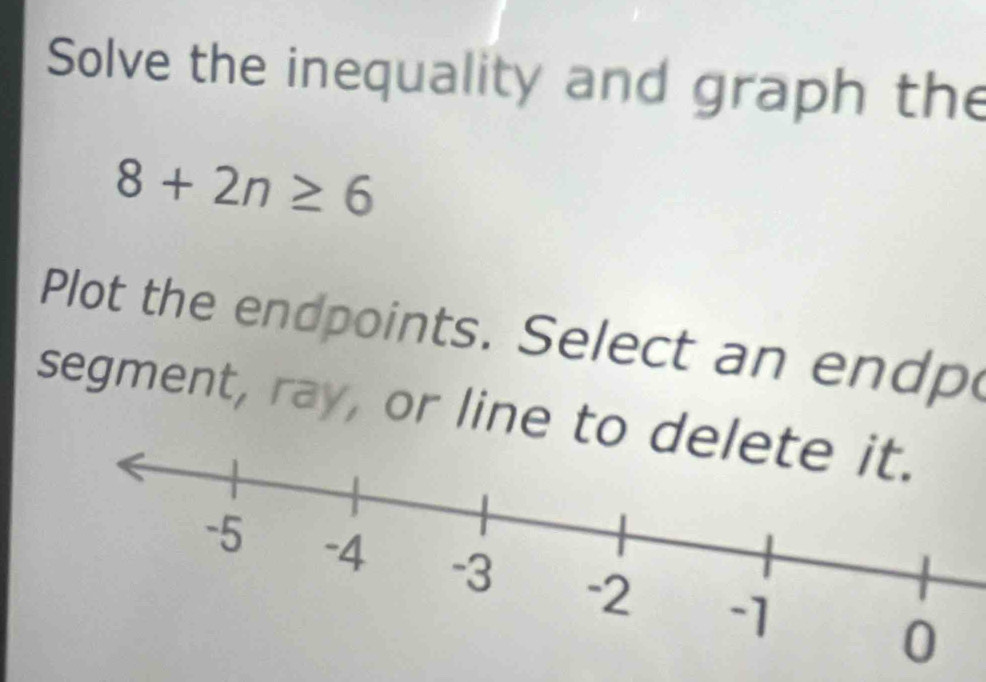 Solve the inequality and graph the
8+2n≥ 6
Plot the endpoints. Select an endp 
segment, ray, or line to delete it.