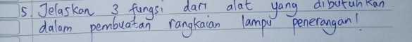 Jelaskan 3 fungsi dar alat yang dibutahkan 
dalam pembuatan rangkaian lampu penerangan!