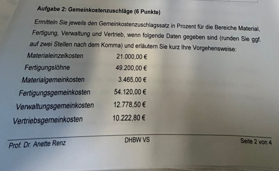 Aufgabe 2: Gemeinkostenzuschläge (6 Punkte) 
Ermitteln Sie jeweils den Gemeinkostenzuschlagssatz in Prozent für die Bereiche Material, 
Fertigung, Verwaltung und Vertrieb, wenn folgende Daten gegeben sind (runden Sie ggf. 
auf zwei Stellen nach dem Komma) und erläutern Sie kurz Ihre Vorgehensweise: 
Materialeinzelkosten 21.000,00€
Fertigungslöhne 49.200,00€
Materialgemeinkosten 3.465,00€
Fertigungsgemeinkosten 54.120,00€
Verwaltungsgemeinkosten 12.778,50 €
Vertriebsgemeinkosten 10.222,80€
Prof. Dr. Anette Renz 
DHBW VS 
Seite 2 von 4