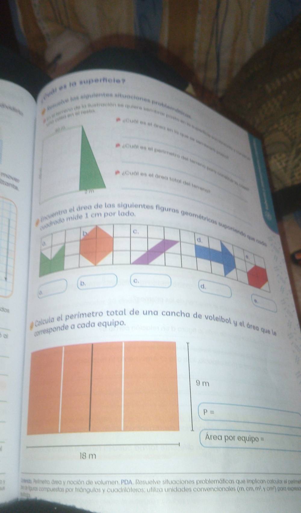 a superfcle 
é 
# Reseive las siguientes situaciones problemáticos 
2 
hv una de la fustración se quiere sembrar piste en la sesdos pntrada cora 
( Cuôl es el área en la que se semben pau 
_ 
_ Cuá l es el perimetro del terreño para cossivera cos 
mover 
* «Cual es el área total del terreno 
itante 
aedrado mide 1 cm por lado. 
entra el área de las siguientes figuras geométricas suponiendo que casda 
D 
c. 
d. 
9 
D. 
C. 
d. 
9. 
dos Calcula el perímetro total de una cancha de voleibol y el área que le 
al corresponde a cada equipo.
9 m
P=
Área por equipo =
18 m
√ ea Avimeto área y noción de volumen. PDA. Resuelve situaciones problemáticas que implican calcular el perime 
ar compuestos por triángulos y cuadriláteros; utiliza unidades convencionales (m, cm, m², y cm²) para expreso
