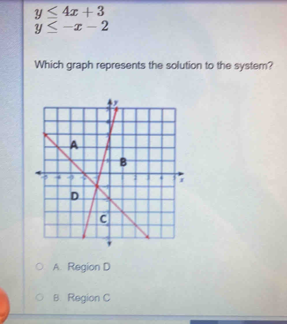 y≤ 4x+3
y≤ -x-2
Which graph represents the solution to the system?
A. Region D
B. Region C