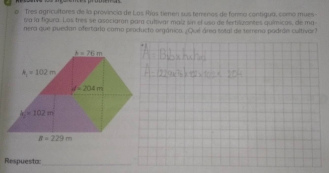 Resueive los siguientes probiemas
Tres agricultores de la provincia de Los Ríos tienen sus terrenos de forma contigua, como mues-
tra la figura. Los tres se asociaron para cultivar maíz sin el uso de fertilizantes químicos, de ma-
nera que puedan ofertarlo como producto orgánico. ¿Qué área total de terreno podrán cultivar?
Respuesta:_