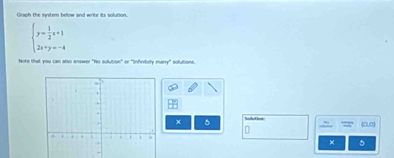 Graph the systern below and write its solution.
beginarrayl y= 1/2 x+1 2x+y=-4endarray.
Note that you can also answer "No solution" or "Infinitely many" solutions. 
× 
Solution:
(□ ,□ )
× 5