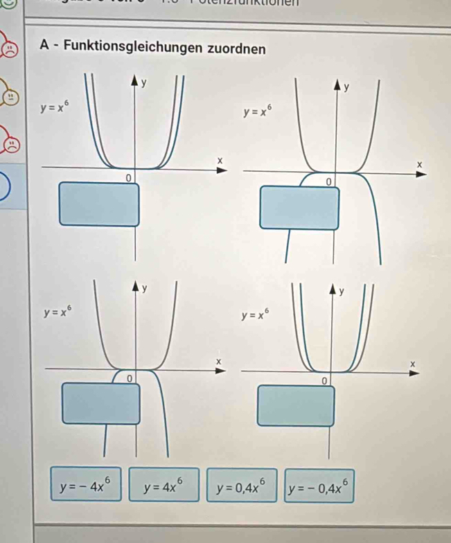 A - Funktionsgleichungen zuordnen
y=-4x^6 y=4x^6 y=0,4x^6 y=-0,4x^6