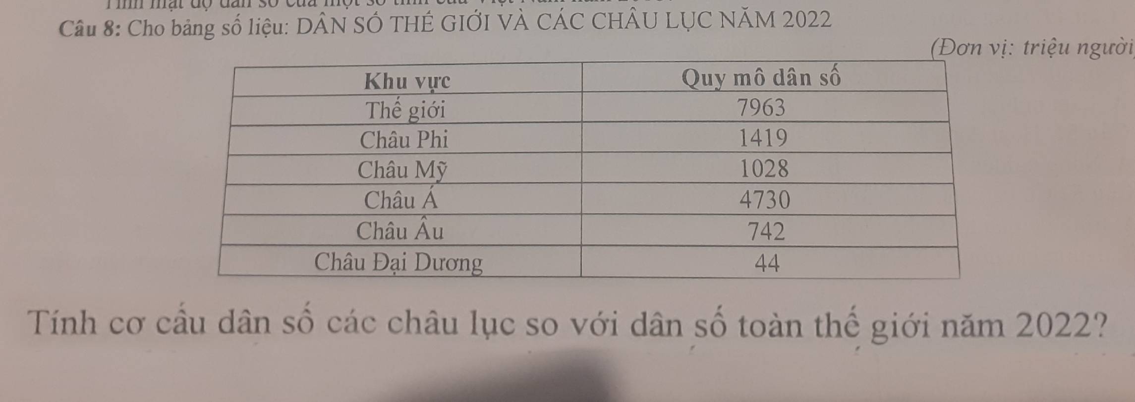 mm mất đợ đan so 
Câu 8: Cho bảng số liệu: DÂN SÓ THÉ GIỚI VÀ CÁC CHÂU LỤC NĂM 2022
triệu người 
Tính cơ cầu dân số các châu lục so với dân số toàn thế giới năm 2022?