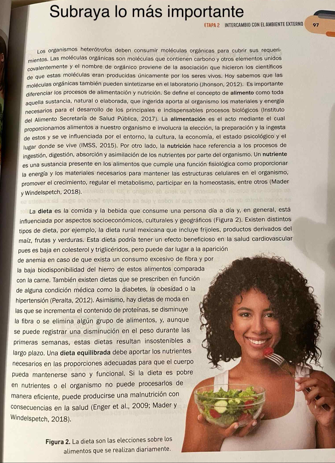 Subraya lo más importante
ETAPA 2 INTERCAMBIO CON EL AMBIENTE EXTERNO 97
Los organismos heterótrofos deben consumir moléculas orgánicas para cubrir sus requeri-
mientos. Las moléculas orgánicas son moléculas que contienen carbono y otros elementos unidos
covalentemente y el nombre de orgánico proviene de la asociación que hicieron los científicos
de que estas moléculas eran producidas únicamente por los seres vivos. Hoy sabemos que las
moléculas orgánicas también pueden sintetizarse en el laboratorio (Jhonson, 2012). Es importante
diferenciar los procesos de alimentación y nutrición. Se define el concepto de alimento como toda
aquella sustancia, natural o elaborada, que ingerida aporta al organismo los materiales y energía
necesarios para el desarrollo de los principales e indispensables procesos biológicos (Instituto
del Alimento Secretaría de Salud Pública, 2017). La alimentación es el acto mediante el cual
proporcionamos alimentos a nuestro organismo e involucra la elección, la preparación y la ingesta
de estos y se ve influenciada por el entorno, la cultura, la economía, el estado psicológico y el
lugar donde se vive (IMSS, 2015). Por otro lado, la nutrición hace referencia a los procesos de
ingestión, digestión, absorción y asimilación de los nutrientes por parte del organismo. Un nutriente
es una sustancia presente en los alimentos que cumple una función fisiológica como proporcionar
la energía y los materiales necesarios para mantener las estructuras celulares en el organismo,
promover el crecimiento, regular el metabolismo, participar en la homeostasis, entre otros (Mader
y Windelspetch, 2018).
La dieta es la comida y la bebida que consume una persona día a día y, en general, está
influenciada por aspectos socioeconómicos, culturales y geográficos (Figura 2). Existen distintos
tipos de dieta, por ejemplo, la dieta rural mexicana que incluye frijoles, productos derivados del
maíz, frutas y verduras. Esta dieta podría tener un efecto beneficioso en la salud cardiovascular
pues es baja en colesterol y triglicéridos, pero puede dar lug
de anemia en caso de que exista un consumo excesivo de
la baja biodisponibilidad del hierro de estos alimentos co
con la carne. También existen dietas que se prescriben en f
de alguna condición médica como la diabetes, la obesidad
hipertensión (Peralta, 2012). Asimismo, hay dietas de moda 
las que se incrementa el contenido de proteínas, se disminu
la fibra o se elimina algún grupo de alimentos, y, aunq
se puede registrar una disminución en el peso durante 
primeras semanas, estas dietas resultan insostenibles
largo plazo. Una dieta equilibrada debe aportar los nutrien
necesarios en las proporciones adecuadas para que el cu
pueda mantenerse sano y funcional. Si la dieta es po
en nutrientes o el organismo no puede procesarlos de
manera eficiente, puede producirse una malnutrición con
consecuencias en la salud (Enger et al., 2009; Mader y
Windelspetch, 2018).
Figura 2. La dieta son las elecciones sobre los
alimentos que se realizan diariamente.