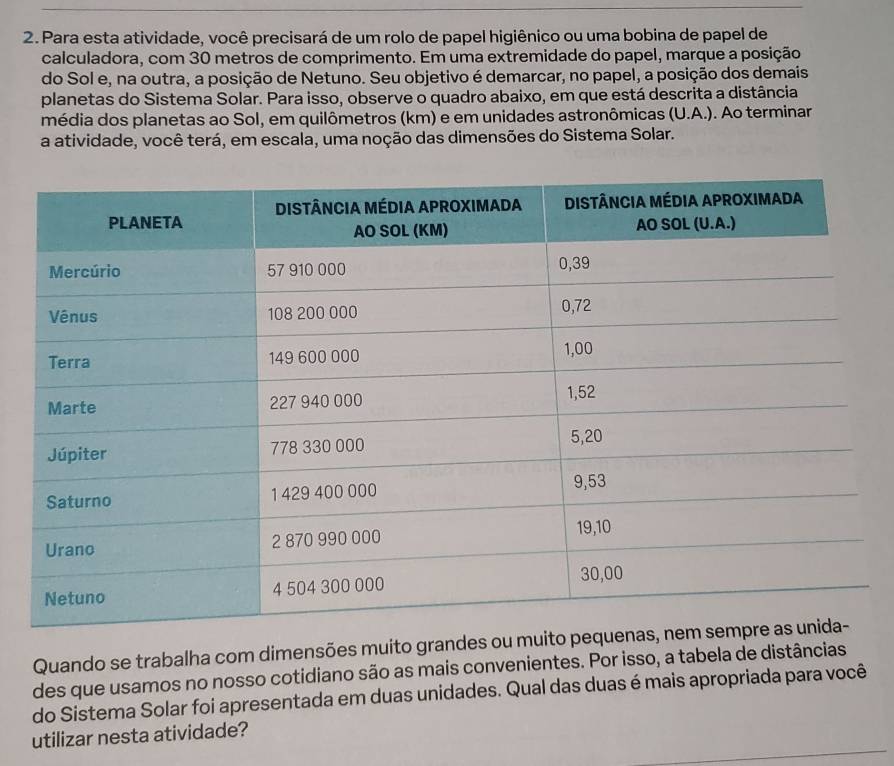 Para esta atividade, você precisará de um rolo de papel higiênico ou uma bobina de papel de 
calculadora, com 30 metros de comprimento. Em uma extremidade do papel, marque a posição 
do Sol e, na outra, a posição de Netuno. Seu objetivo é demarcar, no papel, a posição dos demais 
planetas do Sistema Solar. Para isso, observe o quadro abaixo, em que está descrita a distância 
média dos planetas ao Sol, em quilômetros (km) e em unidades astronômicas (U.A.). Ao terminar 
a atividade, você terá, em escala, uma noção das dimensões do Sistema Solar. 
Quando se trabalha com dimensões muito grandes ou muito peq 
des que usamos no nosso cotidiano são as mais convenientes. Por isso, a tabela de distâncias 
do Sistema Solar foi apresentada em duas unidades. Qual das duas é mais apropriada para você 
utilizar nesta atividade?