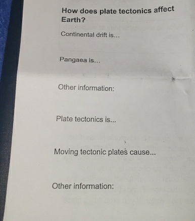 How does plate tectonics affect 
Earth? 
Continental drift is... 
Pangaea is... 
Other information: 
Plate tectonics is... 
Moving tectonic plates cause... 
Other information: