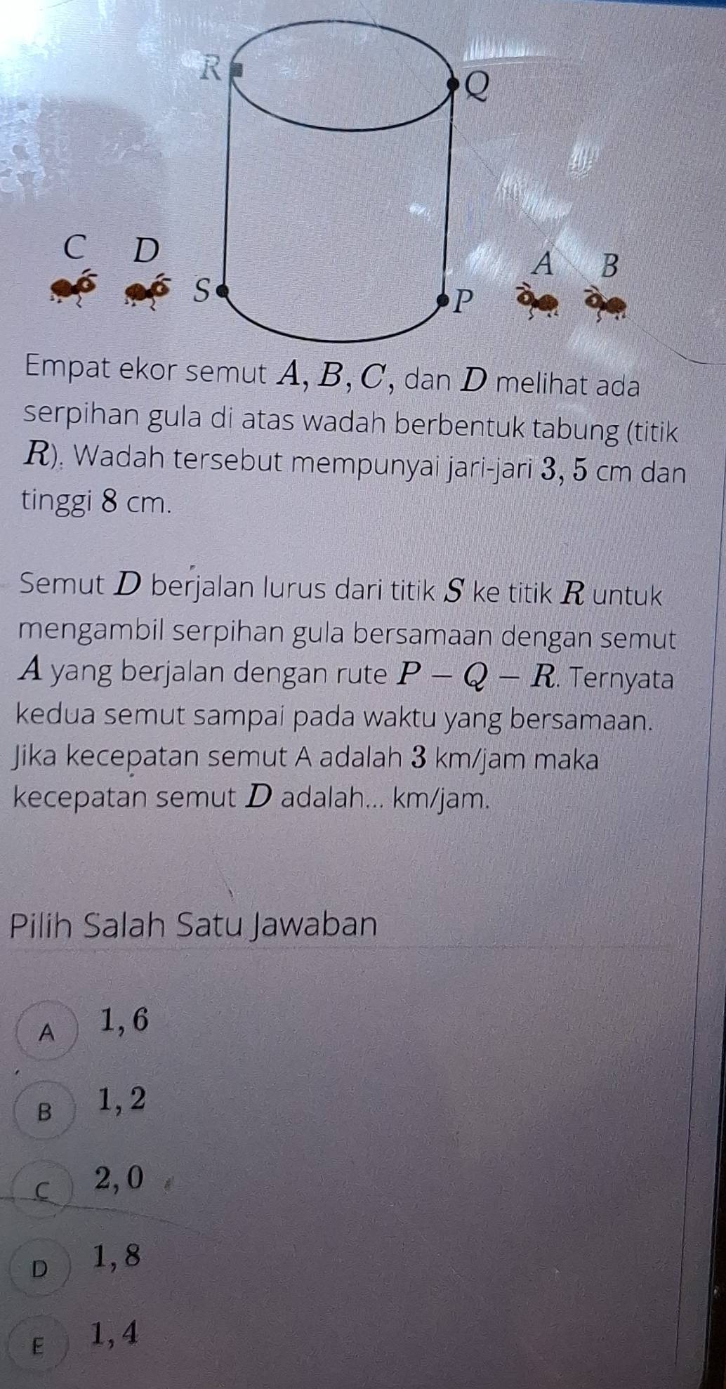 R
Q
C D
A B
S
P
Empat ekor semut A, B, C, dan D melihat ada
serpihan gula di atas wadah berbentuk tabung (titik
R). Wadah tersebut mempunyai jari-jari 3, 5 cm dan
tinggi 8 cm.
Semut D berjalan lurus dari titik S ke titik R untuk
mengambil serpihan gula bersamaan dengan semut
A yang berjalan dengan rute P-Q-R. Ternyata
kedua semut sampai pada waktu yang bersamaan.
Jika kecepatan semut A adalah 3 km/jam maka
kecepatan semut D adalah... km/jam.
Pilih Salah Satu Jawaban
A 1, 6
B 1, 2
C 2, 0
D 1, 8
E 1, 4