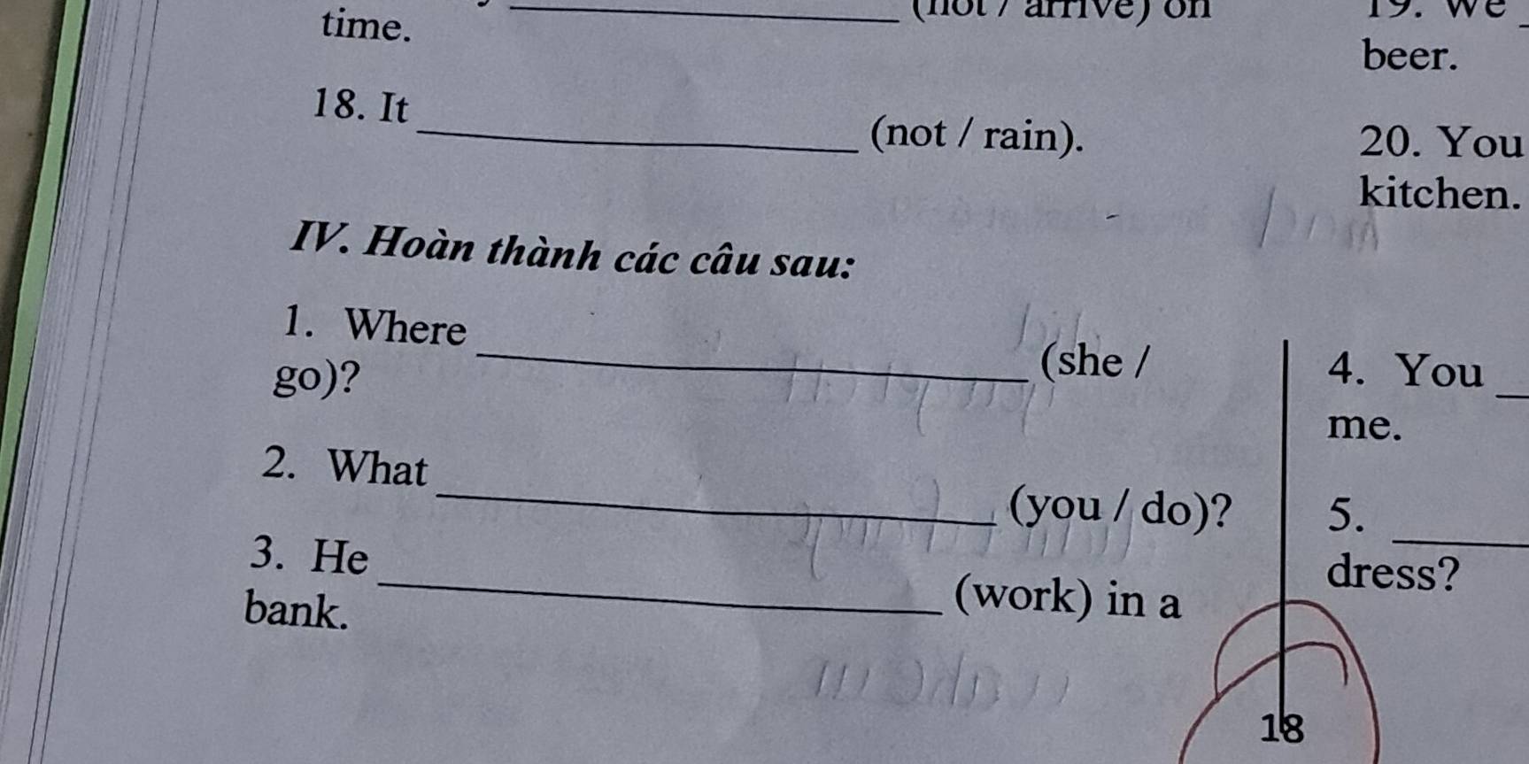 time. 
_(not / arrive) on 19. we 
beer. 
18. It 
_(not / rain). 20. You 
kitchen. 
IV. Hoàn thành các câu sau: 
1. Where 
go)? 
_ 
_(she / 4. You 
me. 
2. What 
_ 
_(you / do)? 5. 
3. He dress? 
bank. 
_(work) in a 
18