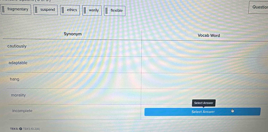 Questior
fragmentary suspend  11/11  ethics  11/11  warily || flexible
TEKS: ● TEKS.10.2(A)