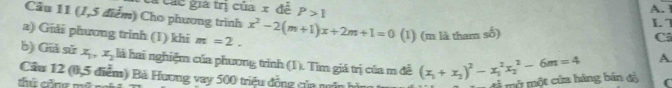 Cả các giá trị của x đề P>1 L7 
Câu 11 (1,5 điểm) Cho phương trình A. 
a) Giải phương trình (1) khi m=2. x^2-2(m+1)x+2m+1=0 (1) (m là tham số) Cô 
b) Giá sử x_1, x_2 là hai nghiệm của phương trình (1). Tìm giá trị của m đễ (x_1+x_2)^2-x_1^2x_2^2-6m=4 C 
Cầu 12 (0,5 điểm) Bà Hương vay 500 triệu đồng của nận hì 
thú công mũ n 
đã mở một của hàng bán độ