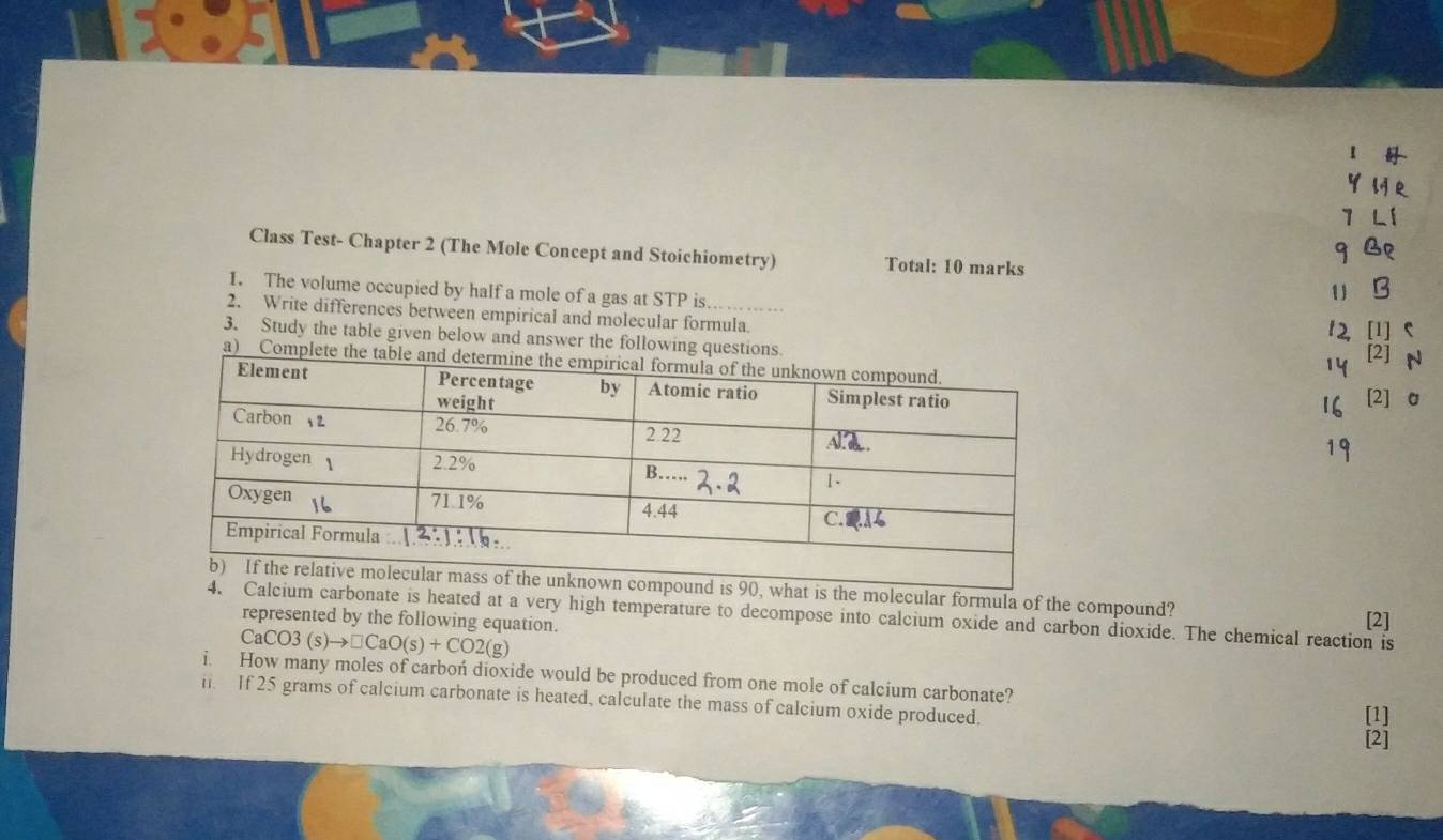 Class Test- Chapter 2 (The Mole Concept and Stoichiometry) Total: 10 marks 
1. The volume occupied by half a mole of a gas at STP is. 
2. Write differences between empirical and molecular formula 
3. Study the table given below and answer the following qu 
2 
a) Co a 
[2] 
is 90, what is the molecular formula of the compound? 
Calcium carbonate is heated at a very high temperature to decompose into calcium oxide and carbon dioxide. The chemical reaction is 
represented by the following equation. [2]
CaCO3(s)to □ CaO(s)+CO2(g)
i. How many moles of carbon dioxide would be produced from one mole of calcium carbonate? 
i If 25 grams of calcium carbonate is heated, calculate the mass of calcium oxide produced. 
[1] 
[2]