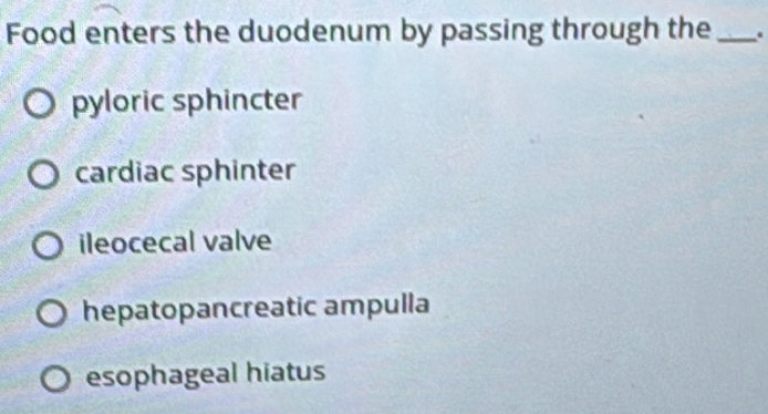 Food enters the duodenum by passing through the _.
pyloric sphincter
cardiac sphinter
ileocecal valve
hepatopancreatic ampulla
esophageal hiatus